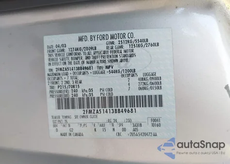 2003 Ford Windstar Lx from USA, damaged, VIN 2FMZA51413BB49681